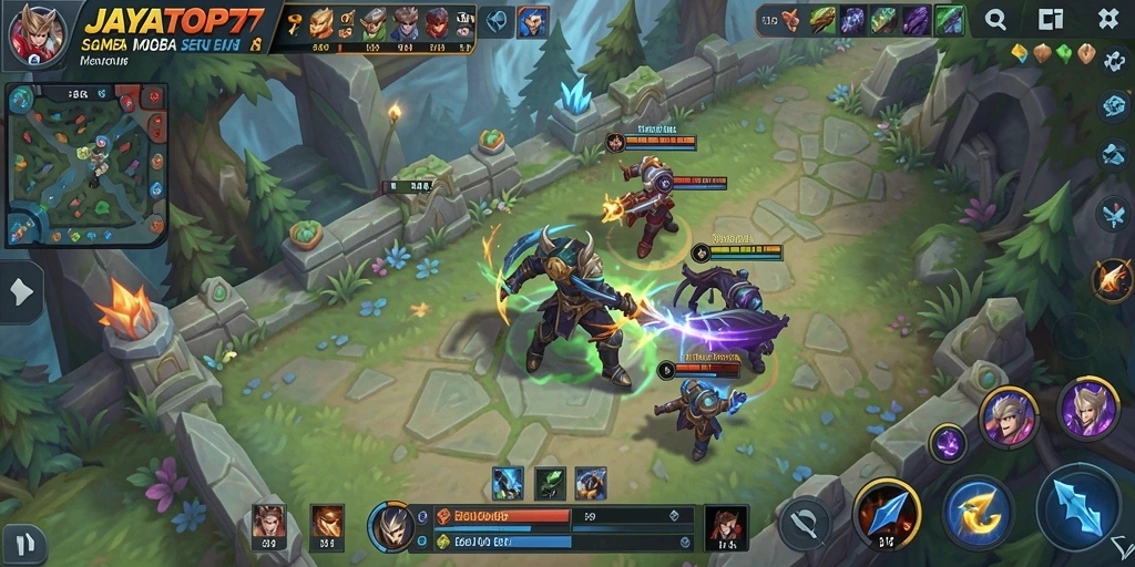 Gambaran gameplay seru dalam JAYATOP77 yang menampilkan pertempuran antar tim.