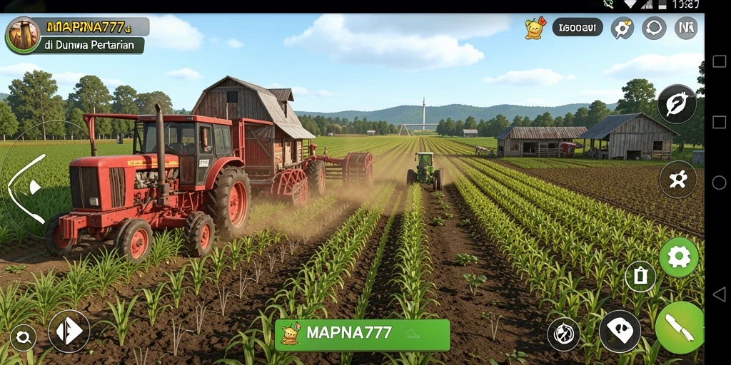 Tangkapan layar dari gameplay seru di MAPNA777 yang menunjukkan pertanian yang subur.